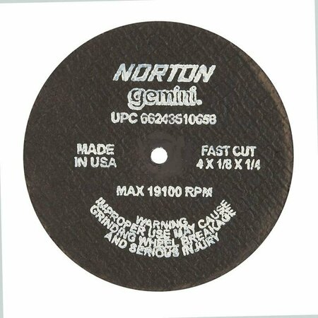 NORTON CO SMALL CUT-OFF BLADES, Type 1 - Metal - Gemini Aluminum Oxide, Size: 4 x 1/8 x 1/4, Max RPM: 19100 662435-10658